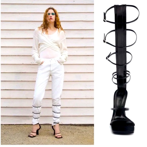 NWT Zara Black Leather Square Heel Strappy Sandals - Picture 3 of 6